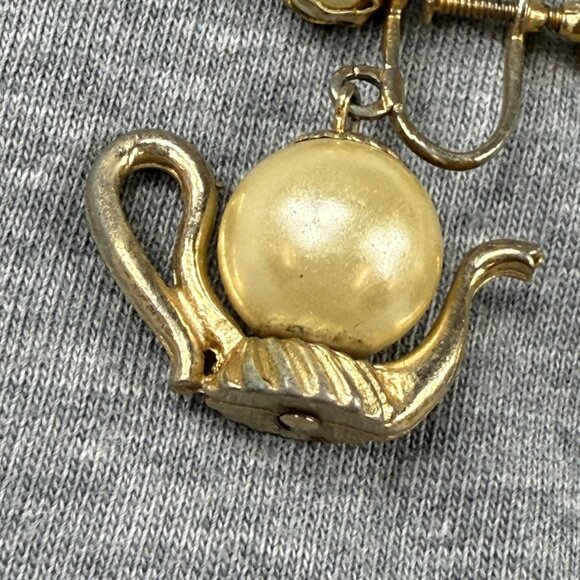 Vintage Gold-Toned Screw-Back Earrings With Teapot Design & Faux Pearl Accent - Picture 12 of 16